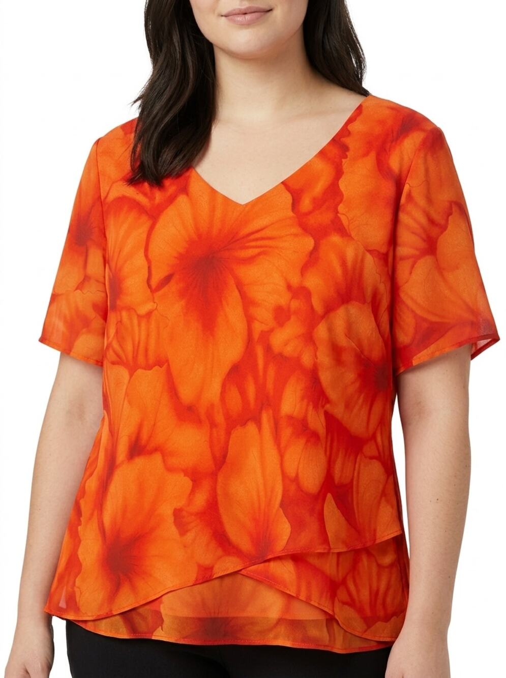 Donna Ricco Orange Red Floral Chiffon V-Neck Blouse Women Plus Size 20W